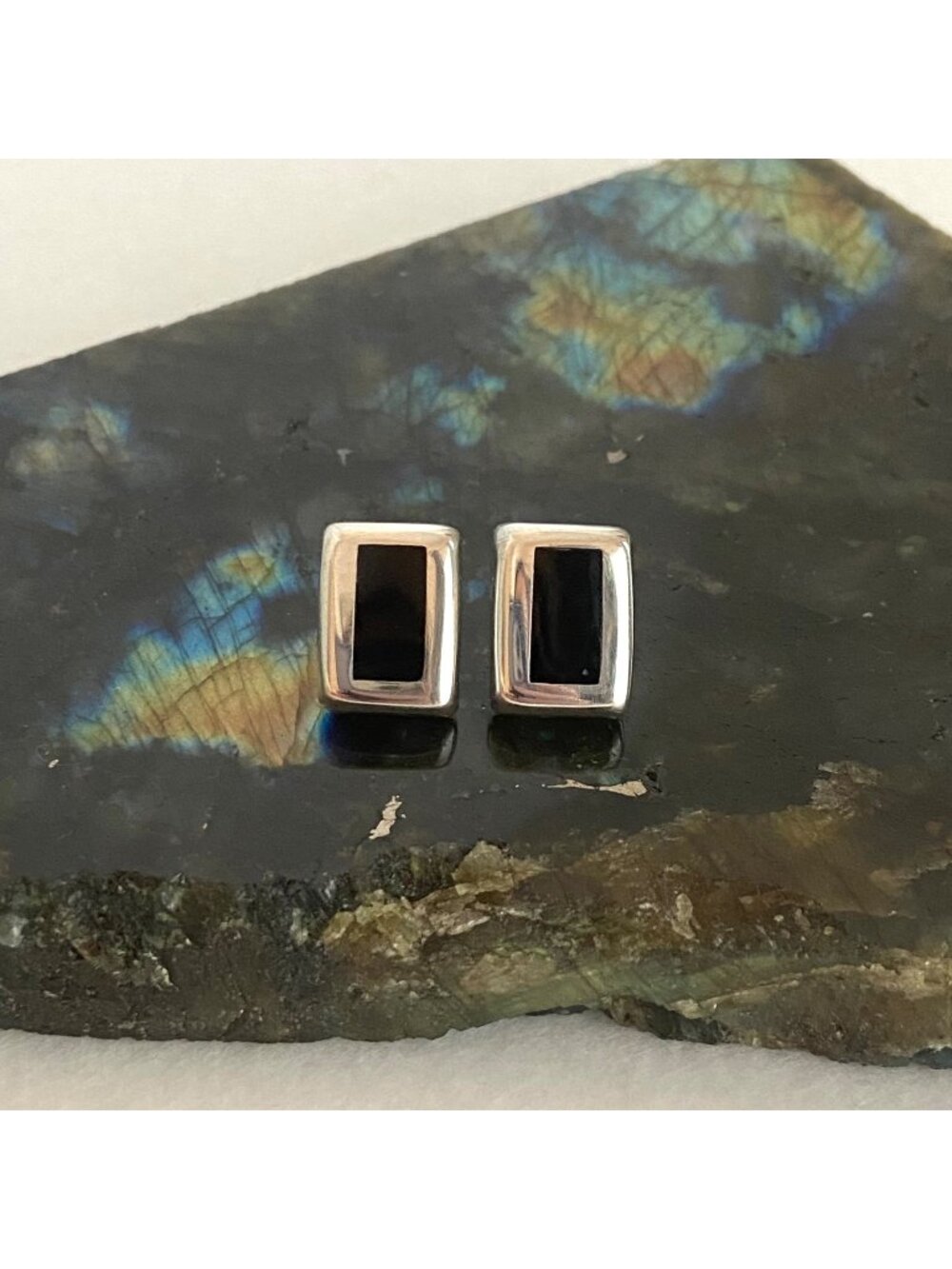 Sterling Silver 925 Mexico Chunky Black Onyx Inlay Rectangular Stud Earrings